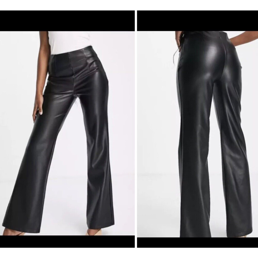 Asos Design Curve black stretch Faux leather look flare pants Matrix Goth Sz 16